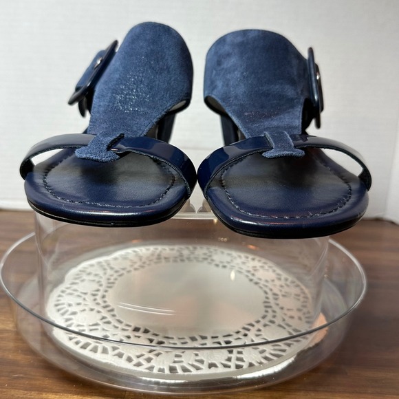 Donald Pliner Ofelia Navy Blue Suede Patent Leather Wedge Sandals Women 8M - Picture 2 of 8